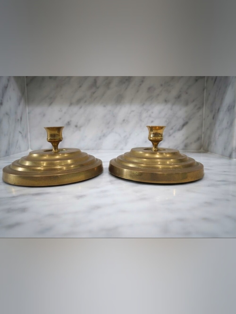 Wide Brass Candlesticks, Vintage Round Brass Taper Candle Holders Pair, Mid-Cent